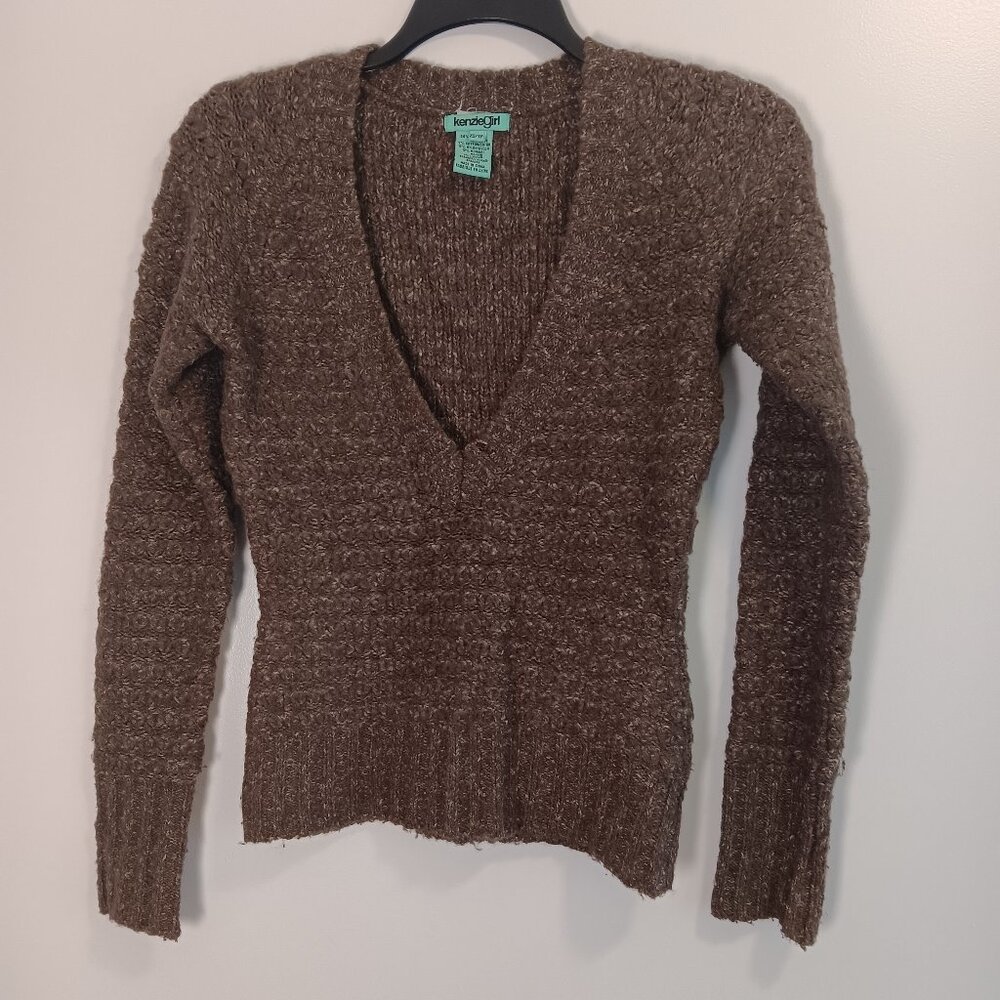Kenzie Girl deep v-neck long-sleeve sweater, brown & tan variegated knit size XS